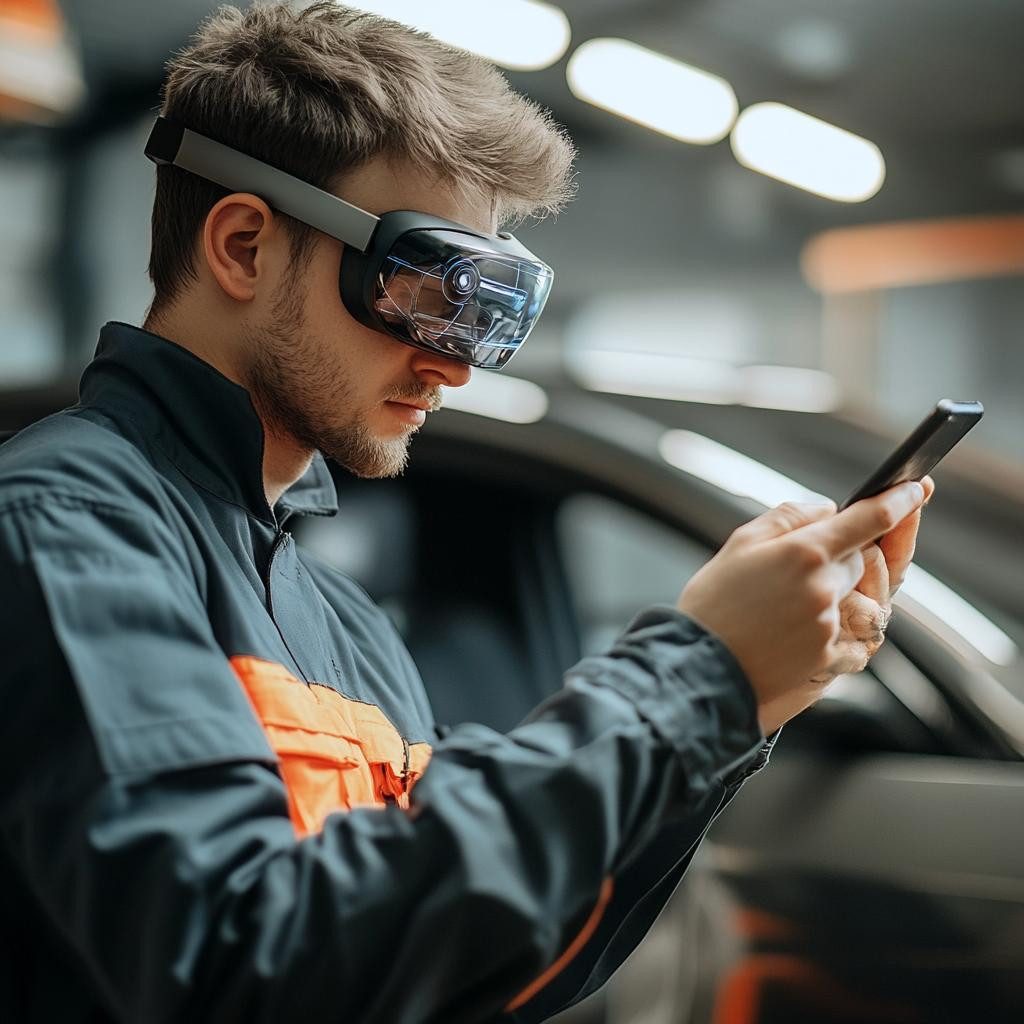 person using phone and wearing ar glasses fixing car